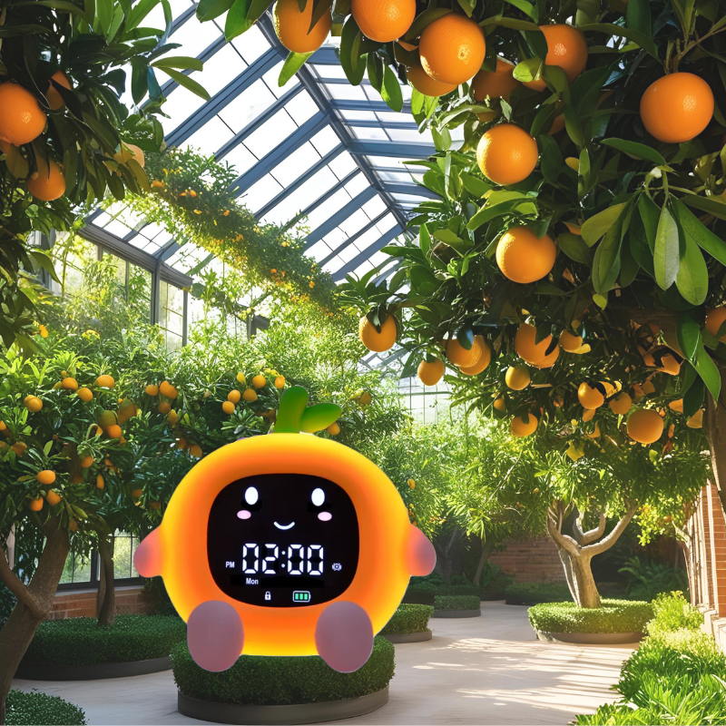 Réveil Éducatif Enfant Veilleuse en Forme d'orange en premier plan dans une orangerie