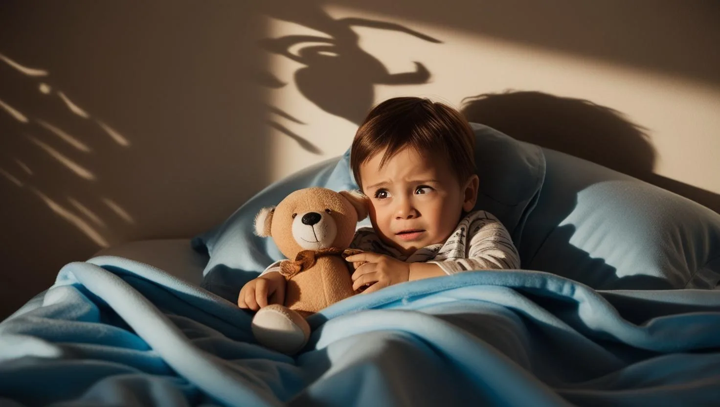 Enfant dans son lit qui a peur du noir et serre son ours nounours dans ses bras